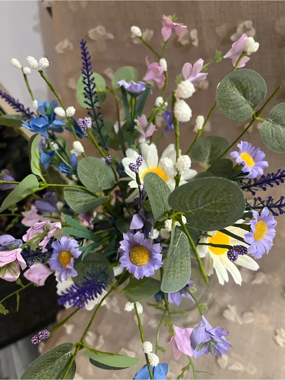 Handcrafted Faux Floral Bouquet with White, Purple & Blue Accents